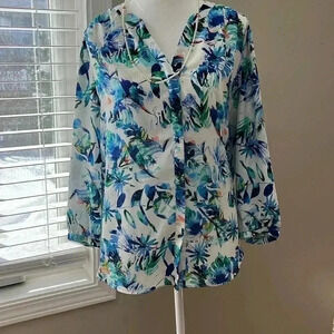 [M]NYDJ Blue White Floral V Neck Pull Over L/S 3/4  Sleeves Blouse